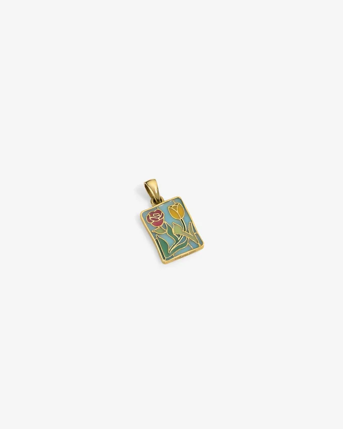 Pendentif en forme d’écusson en vitrail en or 14 carats